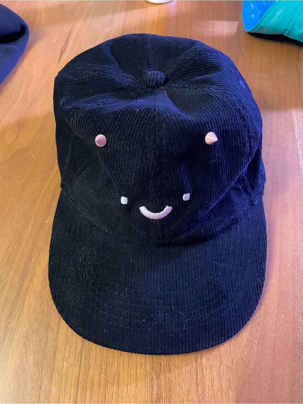 Pewdiepie Tsuki Black Corduroy Smile Face Cap with Pink Studs